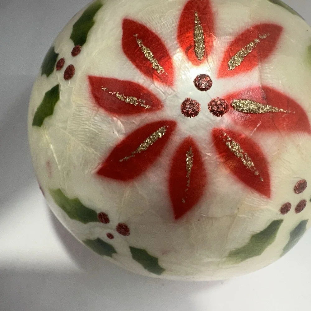 Hand Painted Capiz Shell Holiday Ornament Poinsettias 3inch Christmas